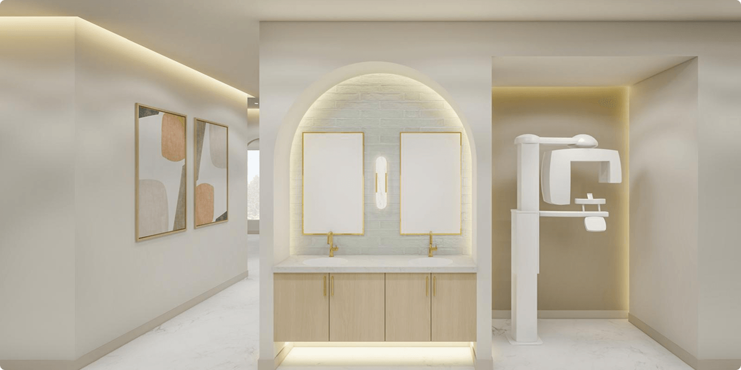Modern dental office interior with arched alcove, mirrors, and contemporary design